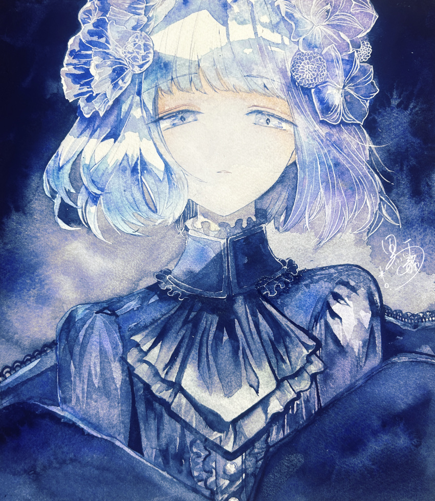 1girl, absurdres, ascot, blue_ascot, blue_background, blue_dress, blue_eyes, blue_flower