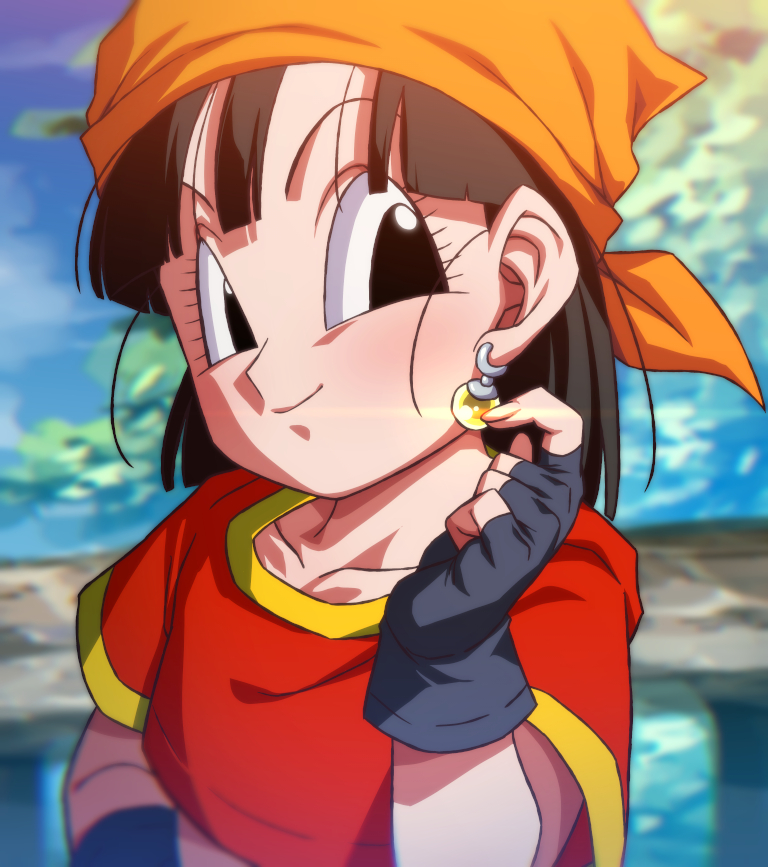 1girl, bandana, black_eyes, black_gloves, black_hair, blurry, blurry_background, closed_mouth