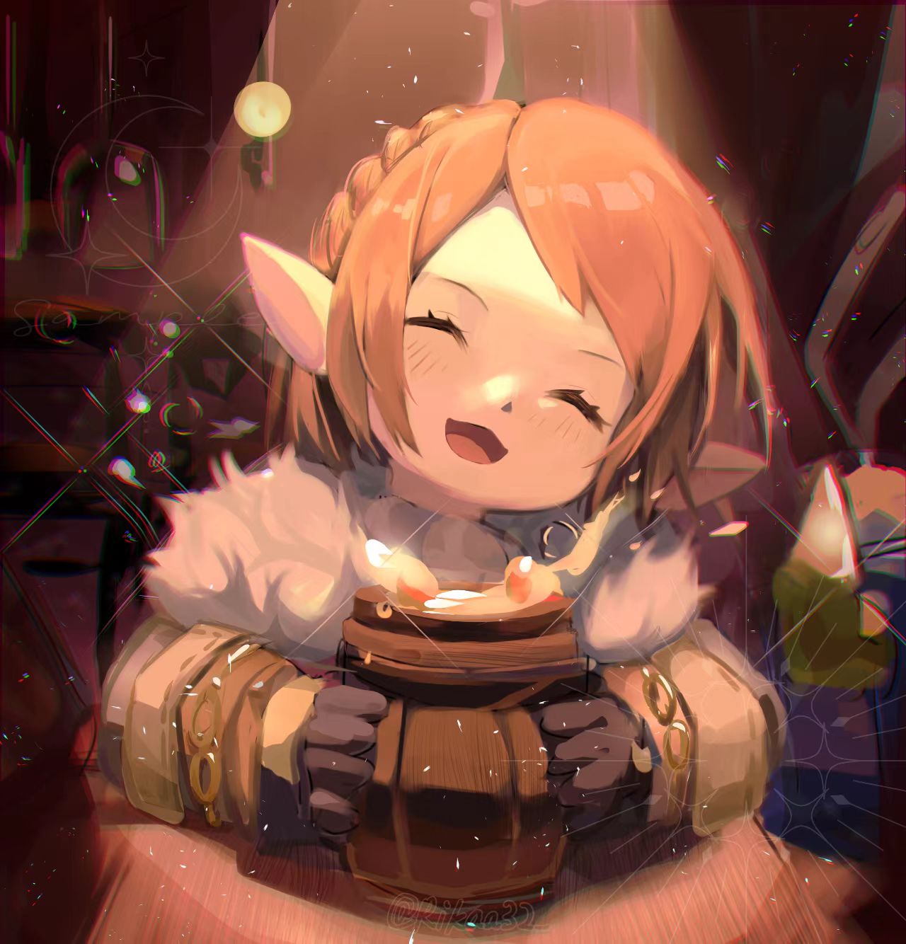 1girl, alcohol, beer, blurry, blurry_background, blush, braid, closed_eyes, commentary, crescent, cup, english_commentary, final_fantasy, final_fantasy_xiv, giott, highres, holding, holding_cup, kazekokakuii, lalafell, light_particles, light_rays, medium_hair, open_mouth, pointy_ears, smile, solo, star_(symbol), wooden_cup