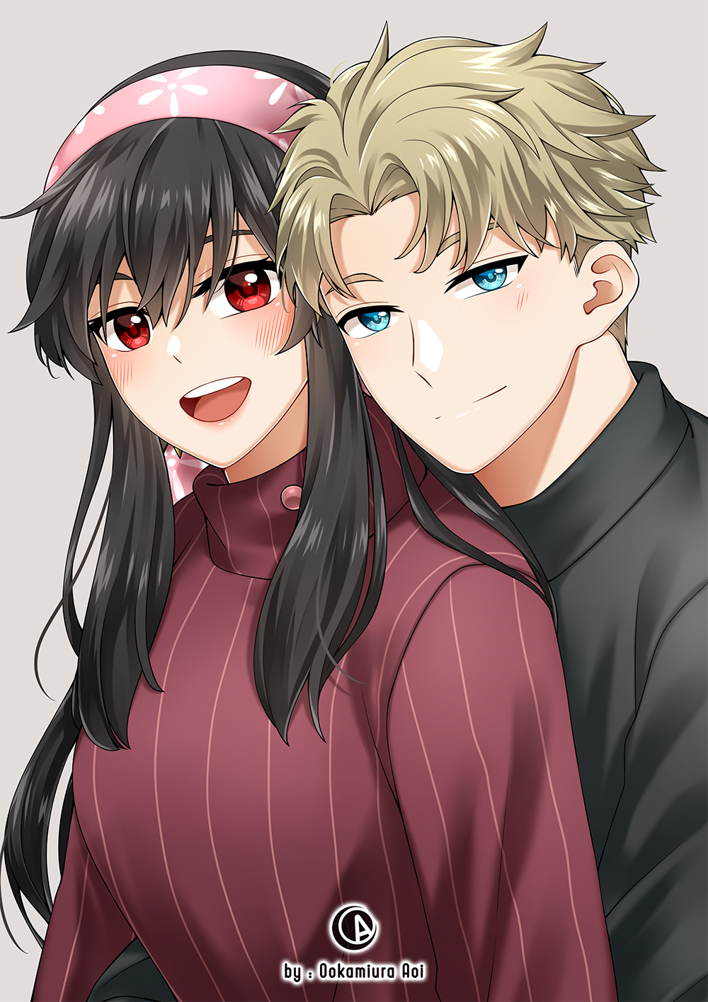 1boy, 1girl, :d, black_hair, black_sweater, blonde_hair, blue_eyes, closed_mouth