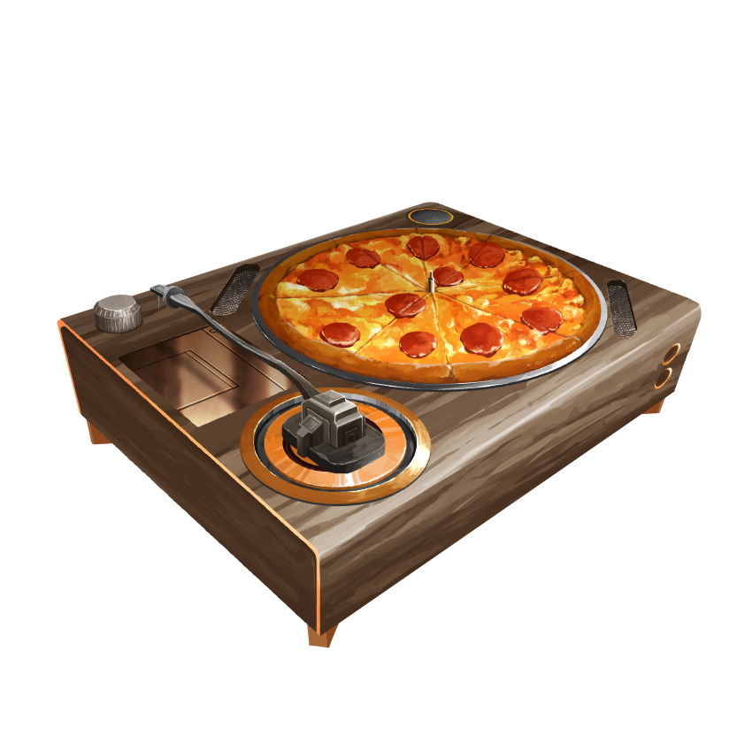 absurdres, algenartwork, cheese, food, food_focus, highres, no_humans, original, pepperoni, pepperoni_pizza, phonograph, pizza, simple_background, white_background