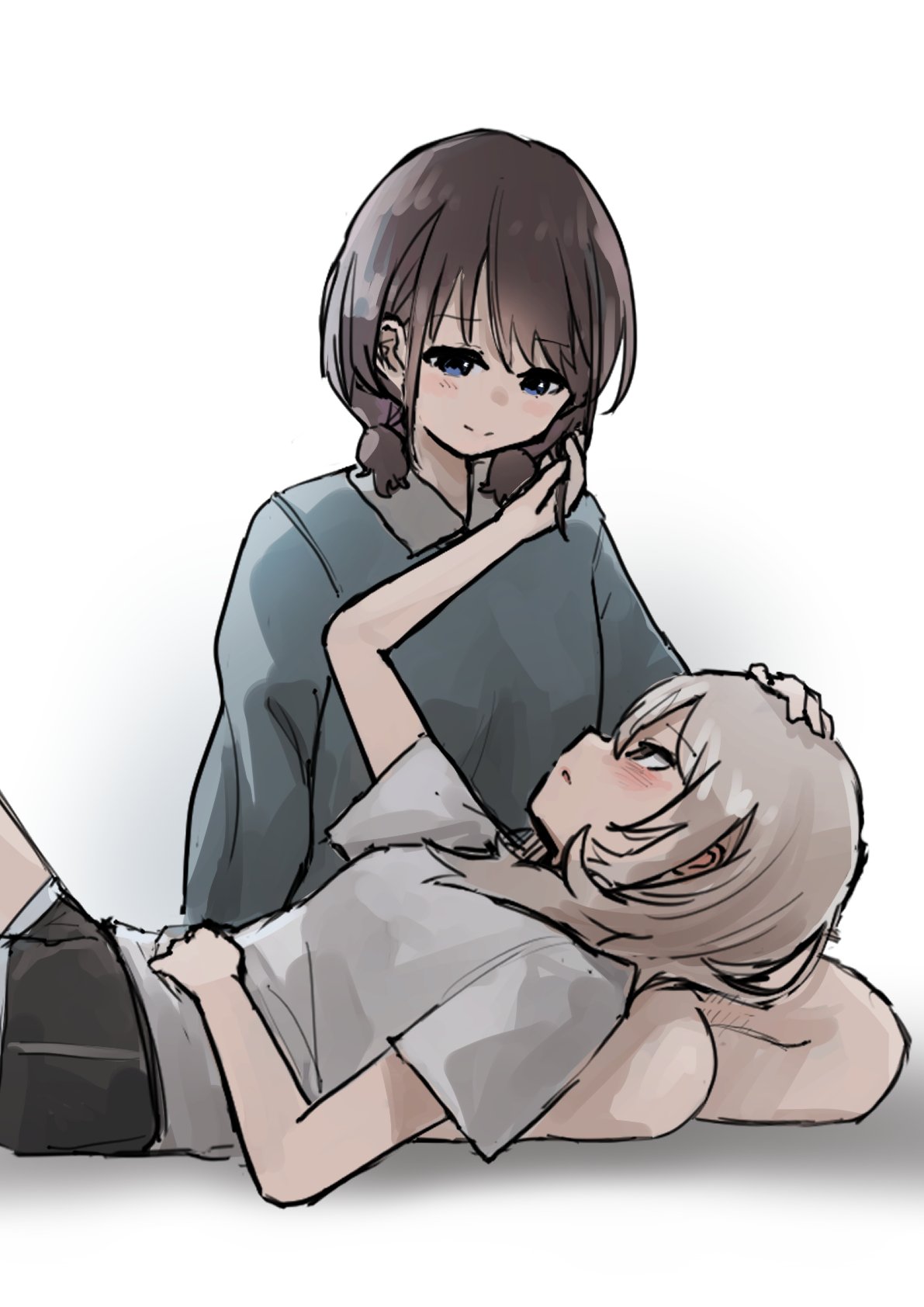 2girls, blue_eyes, blue_sweater, blush, brown_hair, closed_mouth, commentary, doroni_max