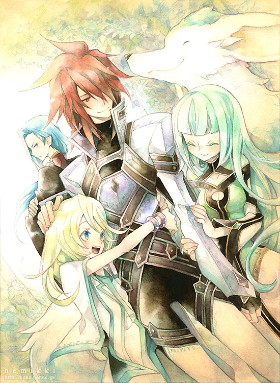 1girl, 3boys, :d, ^_^, animal, blonde_hair, blue_eyes, blue_hair