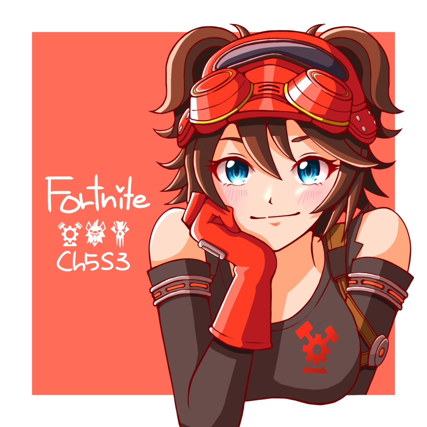 animification, black_shirt, blue_eyes, blush, border, breasts, detached_sleeves, fortnite