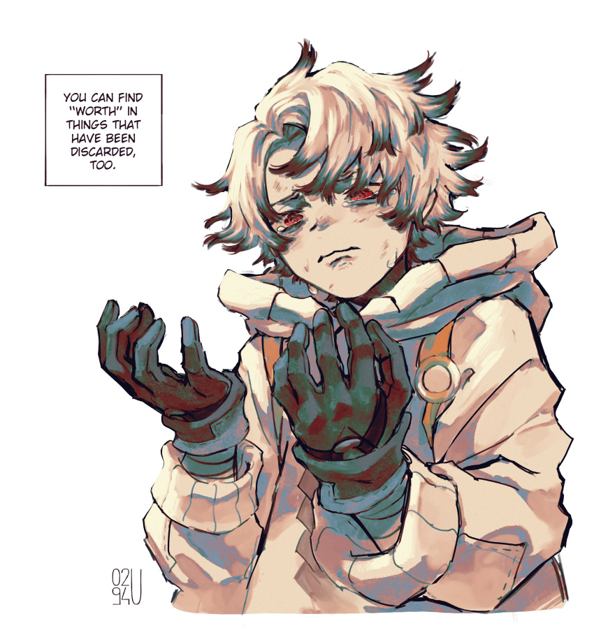 1boy, absurdres, black_gloves, closed_mouth, dirty, dirty_face, english_text, gachiakuta