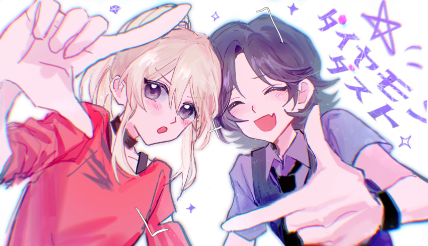 2girls, articularm, black_choker, black_hair, black_vest, black_wristband, blonde_hair, blush
