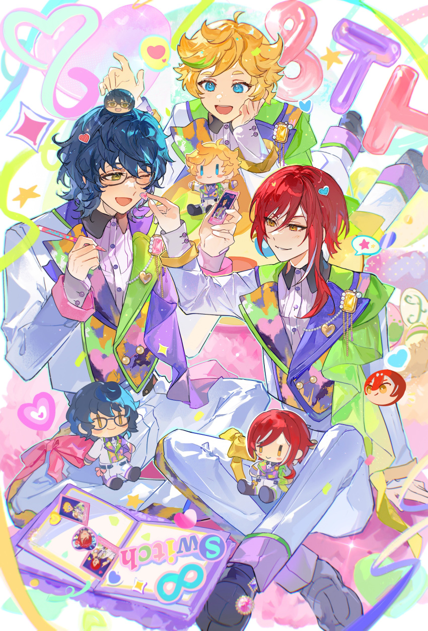 3boys, absurdres, aoba_tsugumi, birthday, bishounen, black-framed_eyewear, black_footwear, blonde_hair