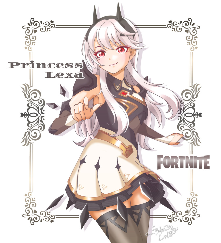 1girl, animification, black_hairband, black_shirt, black_thighhighs, character_name, copyright_name, cowboy_shot, fake_horns, fortnite, grey_hair, hairband, highres, horns, kuroneko_no_shippo, long_hair, looking_at_viewer, princess_lexa, red_eyes, shirt, skirt, sleeveless, sleeveless_shirt, solo, thigh-highs, very_long_hair, white_skirt