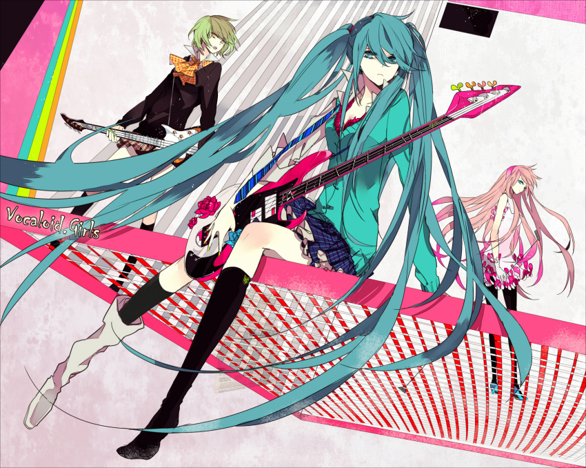 aqua_eyes, aqua_hair, bass_guitar, boots, flower, green_hair, gumi, hairband