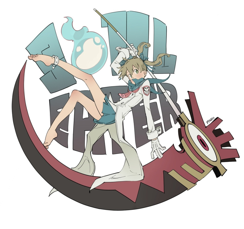 anklet, aqua_bow, aqua_skirt, arm_up, barefoot, blonde_hair, blue_fire, bow