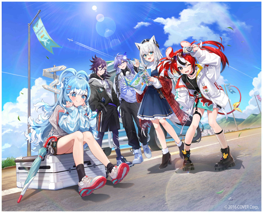 2boys, 3girls, :d, absurdres, ahoge, animal_ear_piercing, animal_ears, antenna_hair
