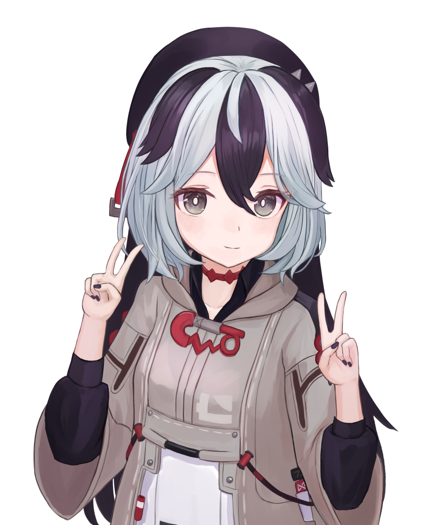 1girl, beret, black_hair, black_hat, black_nails, black_shirt, brown_jacket, closed_mouth
