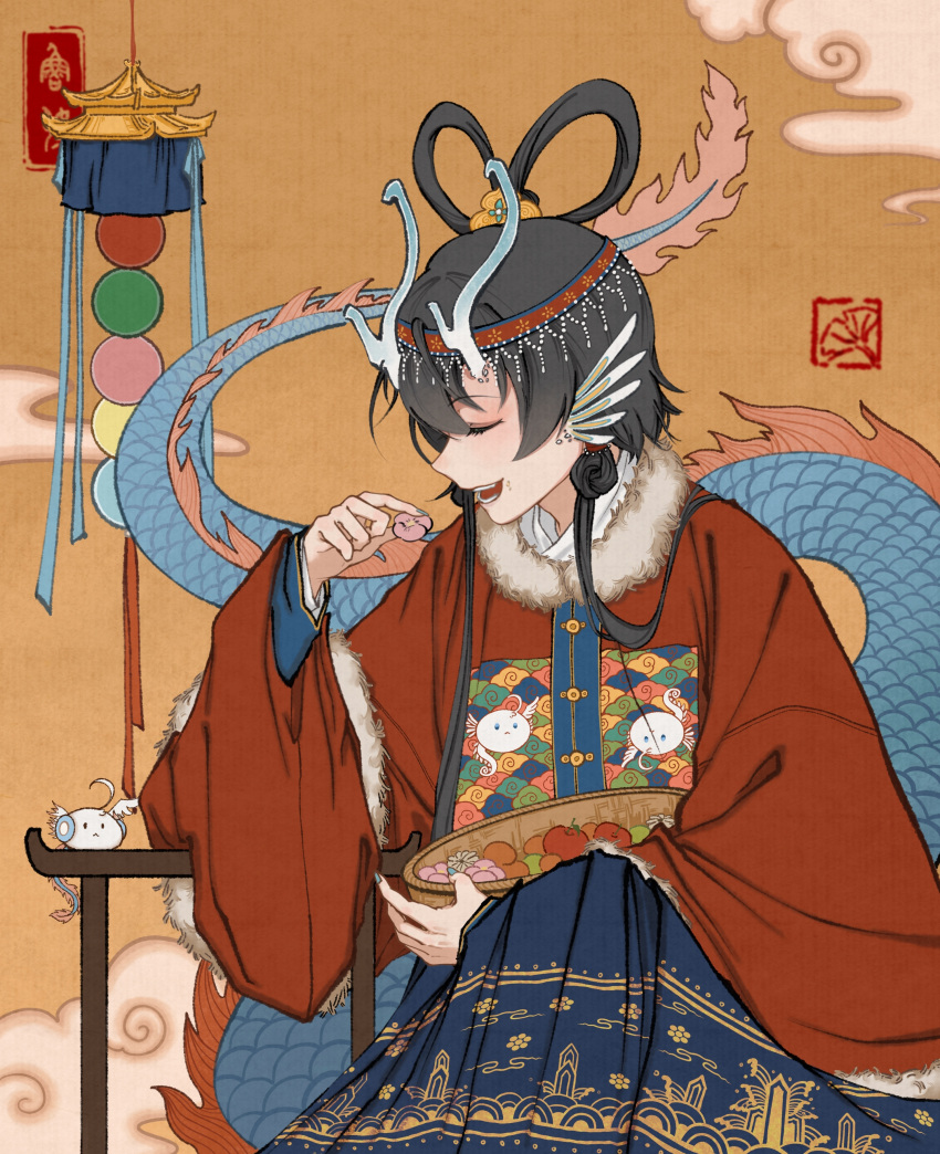 1girl, absurdres, alternate_hairstyle, apple, black_hair, braid, chinese_clothes, closed_eyes
