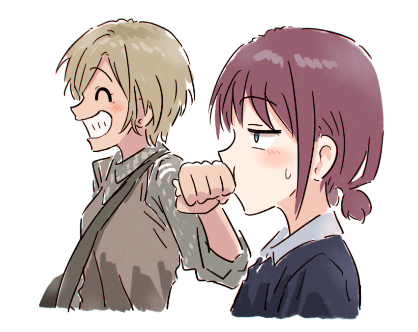 2girls, ^_^, blue_eyes, blue_shirt, blush, brown_hair, brown_shirt, bullfalk