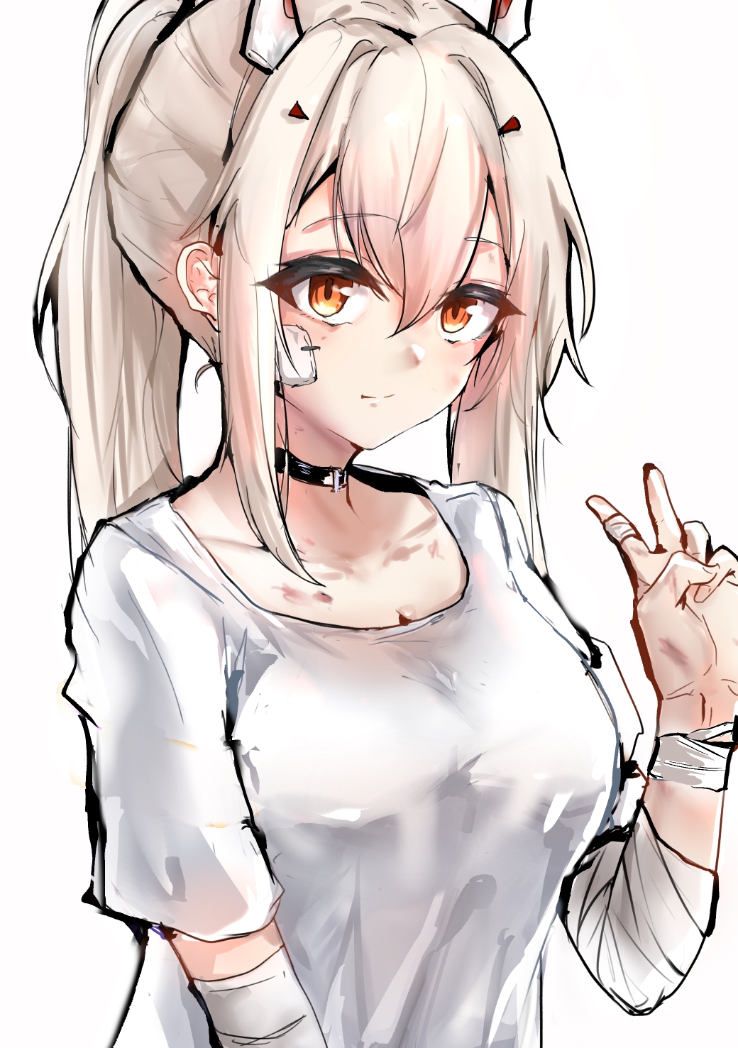 1girl, alternate_costume, ayanami_(azur_lane), azur_lane, bandaged_arm, bandages, bandaid, bandaid_on_face, bandaid_on_hand, black_choker, blonde_hair, blush, breasts, casual, choker, hair_between_eyes, hair_ornament, hairclip, hand_up, headgear, heiyan_heiyan, highres, injury, light_smile, long_hair, looking_at_viewer, medium_breasts, orange_eyes, ponytail, shirt, smile, solo, upper_body, v, very_long_hair, white_shirt