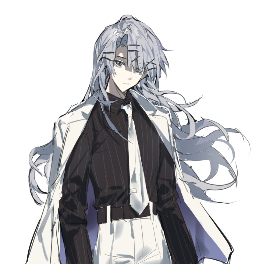 1boy, black_shirt, call_of_cthulhu, chinese_commentary, closed_mouth, collared_shirt, commentary_request, grey_eyes, grey_hair, hair_ornament, hairclip, highres, jacket, jacket_on_shoulders, long_hair, long_sleeves, male_focus, mingjing_fangfu_keyi_zhanduan_chuntian, necktie, pale_skin, pants, shirt, simple_background, solo, striped_clothes, striped_shirt, tsukijou_ao, vertical-striped_clothes, vertical-striped_shirt, white_background, white_jacket, white_necktie, white_pants, x_hair_ornament, xiaohuaitongxue