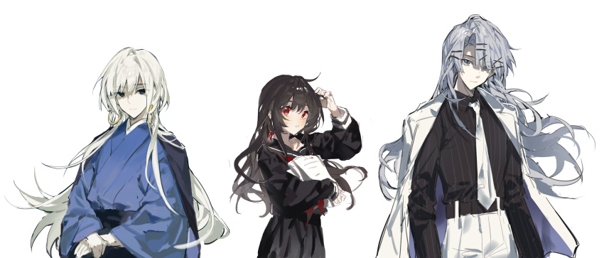 1girl, 2boys, absurdres, black_eyes, black_serafuku, black_shirt, black_skirt, blue_kimono