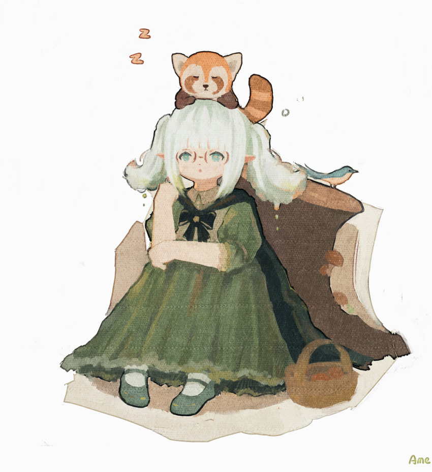 1girl, absurdres, ame_rain, animal_on_head, apple, basket, bird, cape, dress, final_fantasy, final_fantasy_xiv, flat_chest, food, frilled_dress, frills, fruit, glasses, green_cape, green_dress, green_footwear, green_hair, highres, lalafell, leaning_on_object, mushroom, on_head, pointy_ears, red_panda, shadow, simple_background, sitting, sleeping, solo, tree_stump, twintails, warrior_of_light_(ff14), white_background, zzz