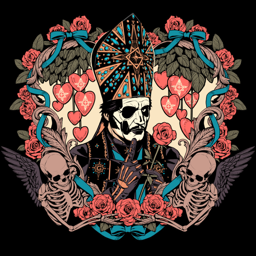 1boy, black_background, black_wings, blue_ribbon, facepaint, flower, ghost_(band), hat
