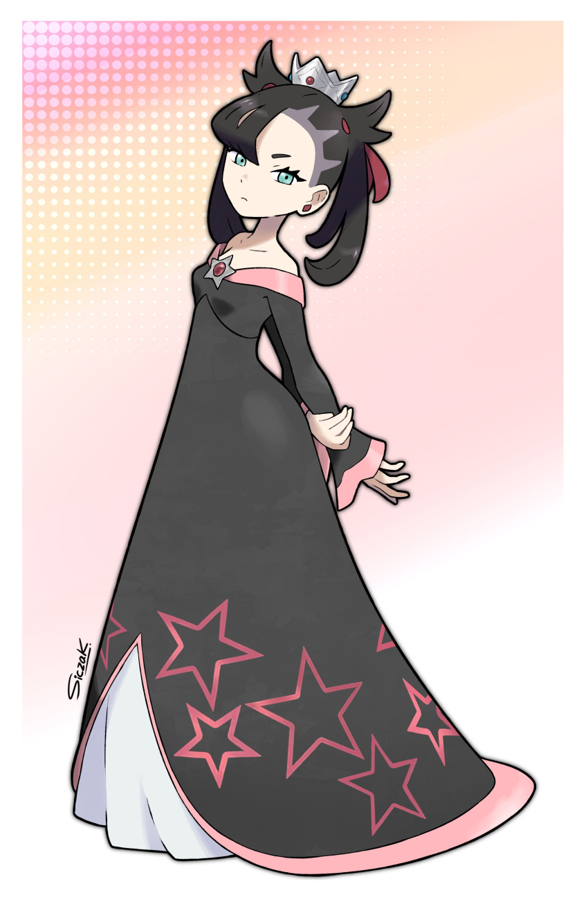 1girl, absurdres, arms_behind_back, asymmetrical_bangs, black_dress, border, commentary, commission, crown, dress, english_commentary, eyelashes, full_body, green_eyes, highres, long_dress, looking_at_viewer, marnie_(pokemon), medium_hair, off-shoulder_dress, off_shoulder, pokemon, pokemon_swsh, print_dress, siczak, solo, standing, star_(symbol), star_print, twintails, white_border