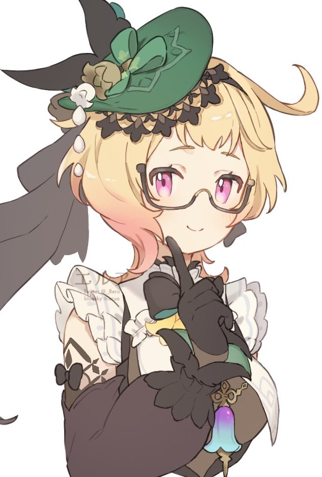1girl, black-framed_eyewear, black_bow, black_gloves, black_ribbon, blonde_hair, bow, breast_curtains