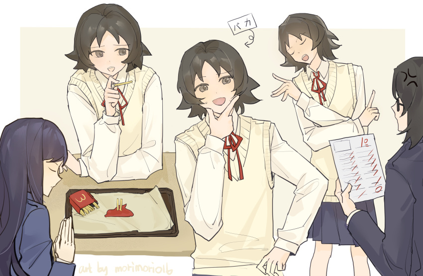 1boy, 2girls, black_hair, brown_eyes, brown_hair, character_request, check_character, closed_eyes, collared_shirt, food, foresttttttt, french_fries, hand_on_own_hip, highres, holding, holding_paper, joshi_kousei_no_mudazukai, long_hair, mcdonald's, multiple_girls, neck_ribbon, open_mouth, own_hands_together, paper, pleated_skirt, ribbon, saginomiya_shiori, sawatari_masataka, school_uniform, shirt, short_hair, skirt, smile, sweater_vest, tanaka_nozomu