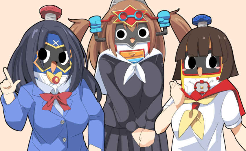 3girls, black_eyes, black_hair, black_shirt, black_skirt, blue_jacket, blunt_bangs, blush_stickers, bow, bowtie, breasts, brown_background, brown_hair, buttons, commentary_request, heybot!, heybot_(character), index_finger_raised, jacket, large_breasts, lets0020, long_hair, looking_at_viewer, medium_bangs, multiple_girls, neckerchief, object_through_head, open_mouth, peyket, pleated_skirt, red_bow, red_bowtie, robot, screw_in_head, shirt, short_hair, simple_background, skirt, smile, twintails, upper_body, white_neckerchief, white_shirt, yellow_neckerchief