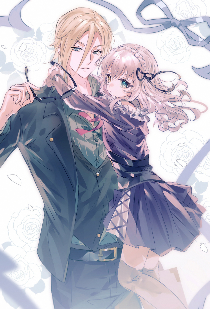 1boy, 1girl, belt, black_suit, blonde_hair, blue_eyes, braid, c_(eiyuu_densetsu)