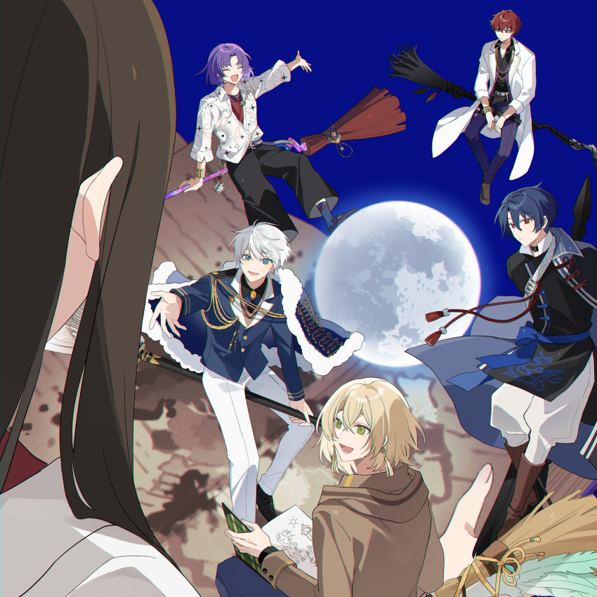 1girl, 5boys, akira_(female)_(mahoutsukai_no_yakusoku), arthur_grandwell, black_footwear, blonde_hair, blue_hair, blue_jacket