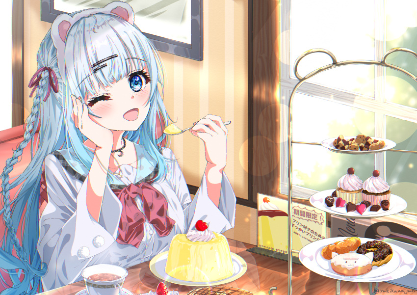 1girl, absurdres, animal-themed_food, animal_ear_hairband, animal_ears, bear_ear_hairband, blue_eyes, blue_hair