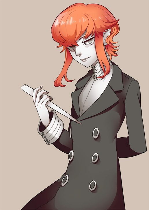 1girl, androgynous, arm_behind_back, black_coat, coat, commentary_request, fangs, fingernails