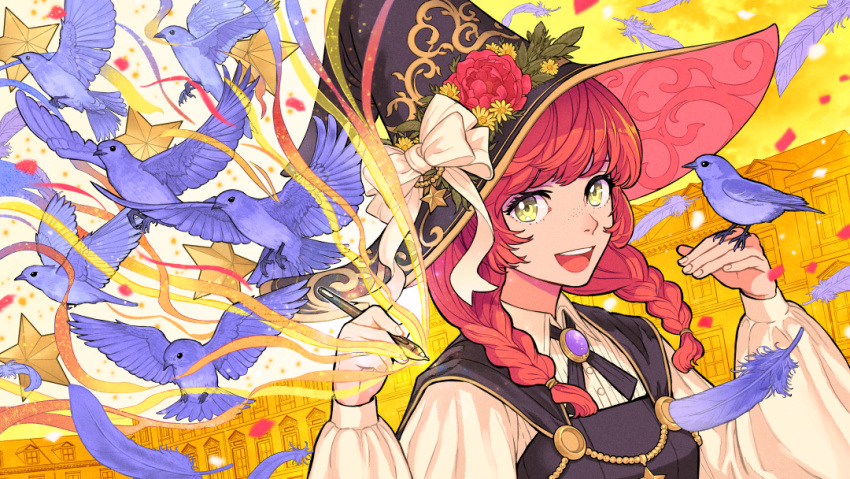 1girl, bird, bird_on_hand, black_hat, black_ribbon, blue_bird, blue_feathers, bow, braid, brooch, eyelashes, falling_feathers, feathers, fingernails, freckles, green_eyes, hair_bow, hat, holding, holding_pen, jewelry, looking_at_viewer, open_mouth, original, outdoors, pen, puffy_sleeves, redhead, ribbon, shirt, twin_braids, white_bow, white_shirt, witch_hat, yukkedondon