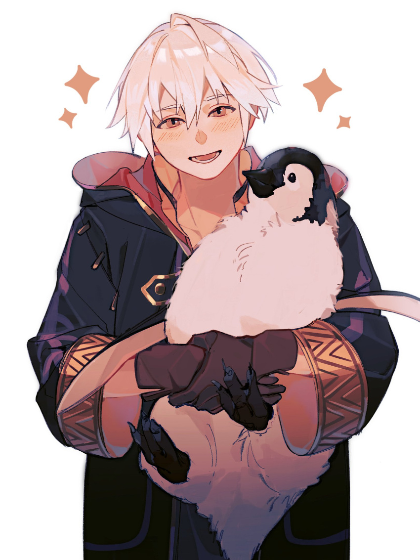 1boy, animal, bird, black_robe, blush, brown_eyes, brown_gloves, carrying, commentary, english_commentary, fire_emblem, fire_emblem_awakening, gloves, gold_trim, hair_between_eyes, highres, hood, hood_down, hooded_robe, looking_at_viewer, lower_teeth_only, male_focus, open_mouth, penguin, ra_sunflower, robe, robin_(fire_emblem), robin_(male)_(fire_emblem), short_hair, smile, teeth, white_background, white_hair