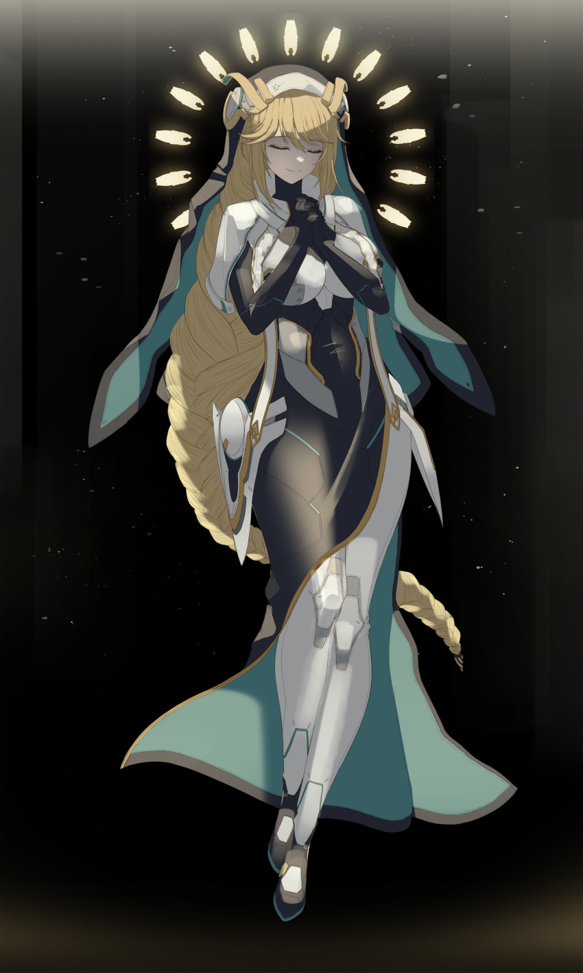 1girl, absurdres, armored_bodysuit, armored_gloves, black_background, blonde_hair, breasts, cloak