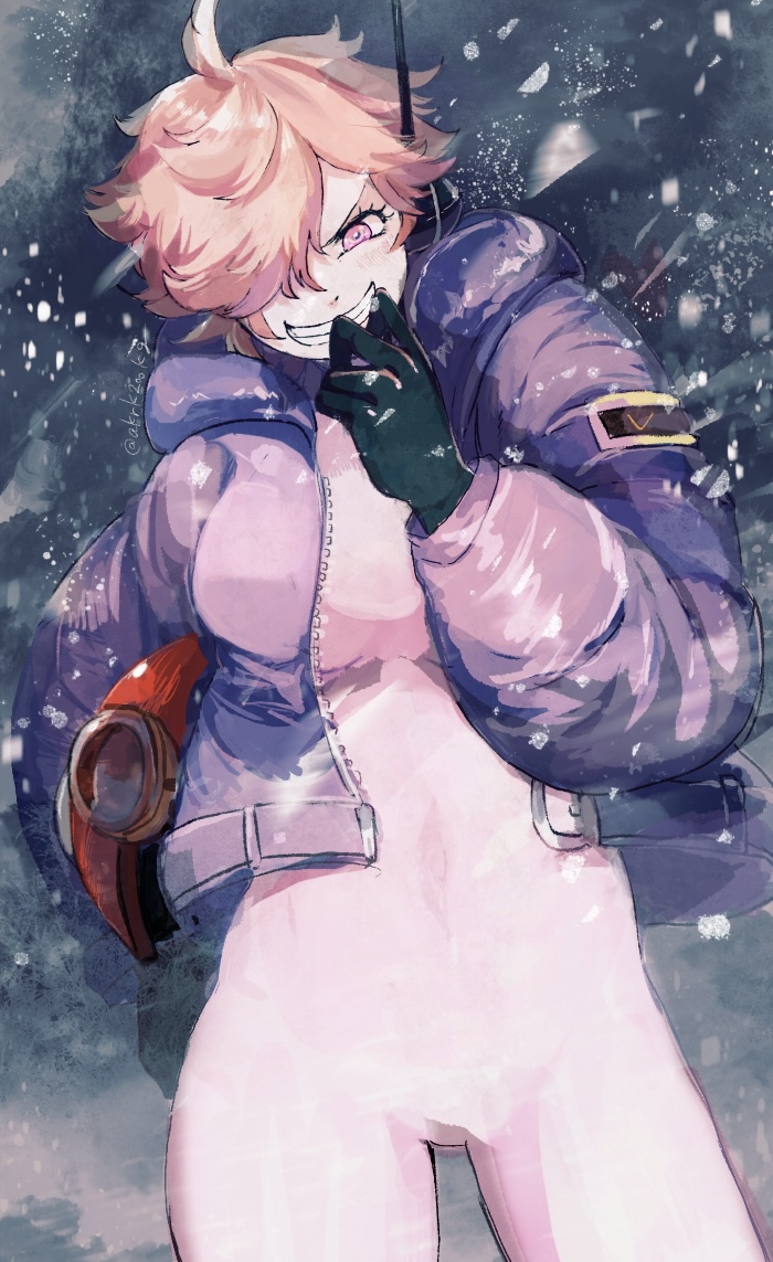 1girl, akrk200kg, black_gloves, bodysuit, clenched_teeth, earpiece, gloves, hair_over_one_eye, holding, jacket, leather, leather_jacket, one_eye_covered, one_piece, open_clothes, open_jacket, orange_hair, outdoors, pink_bodysuit, pink_eyes, purple_jacket, short_hair, smile, snow, snowing, solo, teeth, vegapunk_lilith