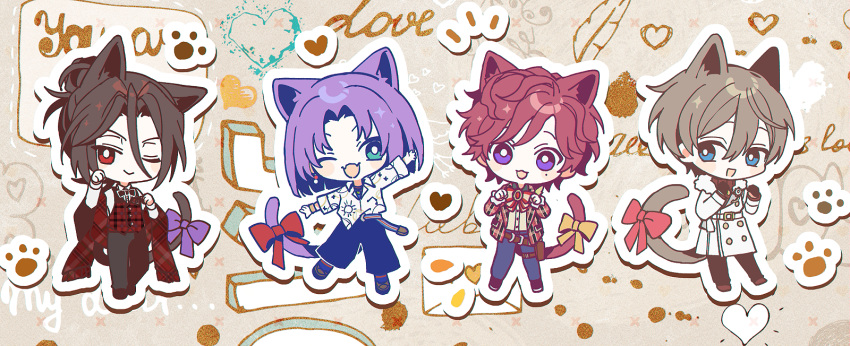 4boys, animal_ears, black_bow, black_pants, blue_eyes, blue_pants, bow, bright_pupils