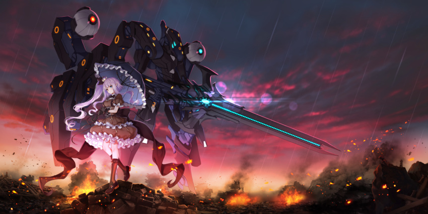 1girl, 1other, ashes, back_ribbon, black_bow, black_dress, black_footwear, black_gloves