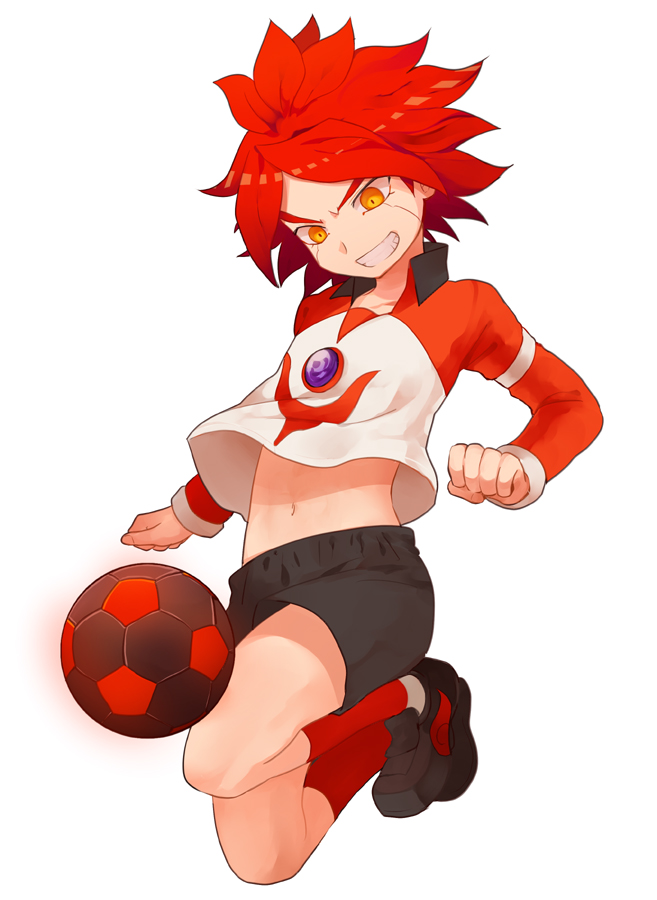 black_soccer_ball, grin, gym_shorts, harano, inazuma_eleven, jersey, long_sleeves, midriff