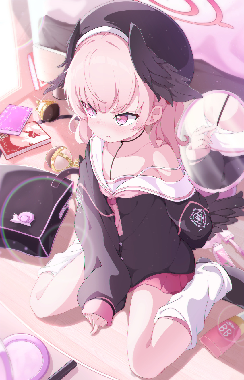 1girl, 5s0n9, absurdres, beret, black_footwear, black_hat, black_shirt, black_wings, blue_archive, blush, book, closed_mouth, collarbone, halo, hat, head_wings, highres, indoors, koharu_(blue_archive), long_hair, long_sleeves, loose_socks, pink_eyes, pink_hair, pleated_skirt, puffy_long_sleeves, puffy_sleeves, red_halo, red_skirt, sailor_collar, sailor_shirt, shirt, shoes, sitting, skirt, socks, solo, wariza, white_sailor_collar, white_socks, wings