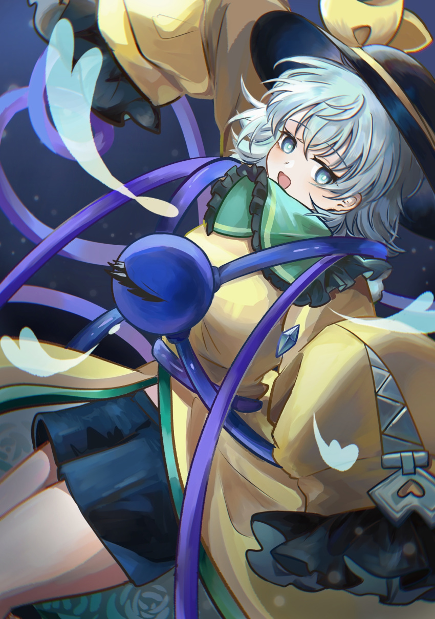 1girl, adapted_costume, black_hat, black_pants, blue_eyes, boombi, bow, eyeball