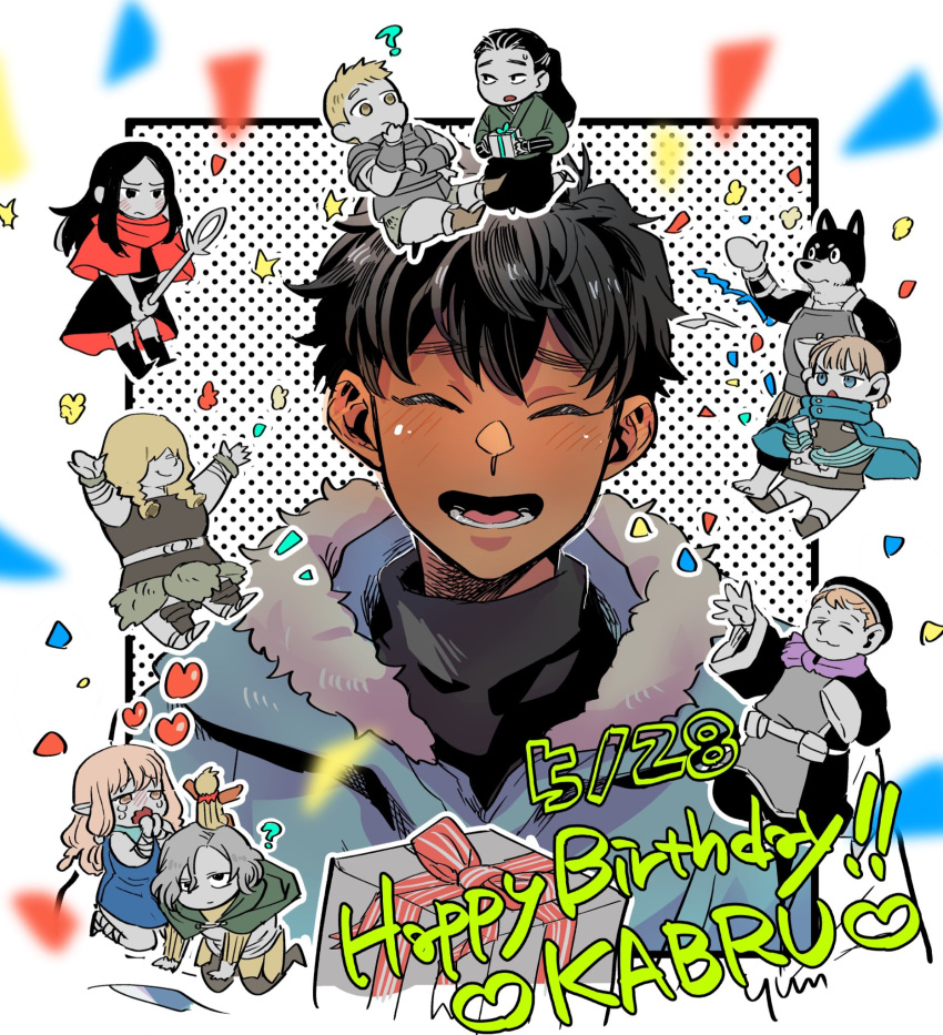 3girls, 6+boys, armor, black_hair, blue_coat, box, chibi, closed_eyes