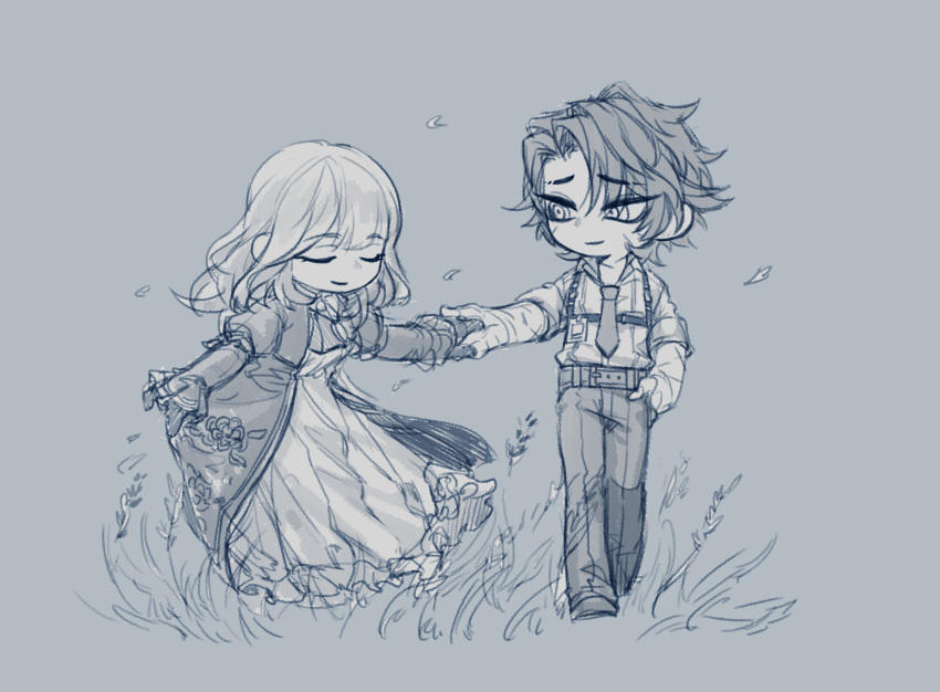 1boy, 1girl, catherine_(project_moon), closed_eyes, closed_mouth, clothes_lift, dress, es_limbus, flower, greyscale, heathcliff_(project_moon), highres, holding_hands, limbus_company, long_dress, monochrome, non-web_source, on_grass, project_moon, scar, scar_on_face, skirt, skirt_lift, smile