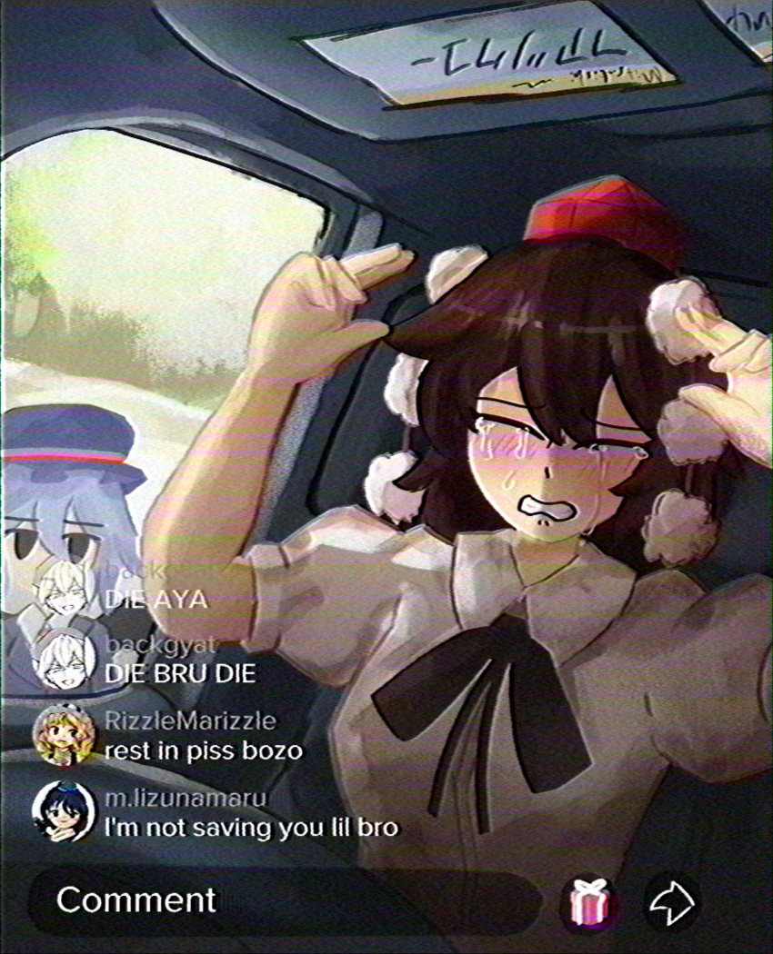 2girls, arms_up, black_ribbon, blue_hair, blue_hat, brown_hair, car_interior, character_request