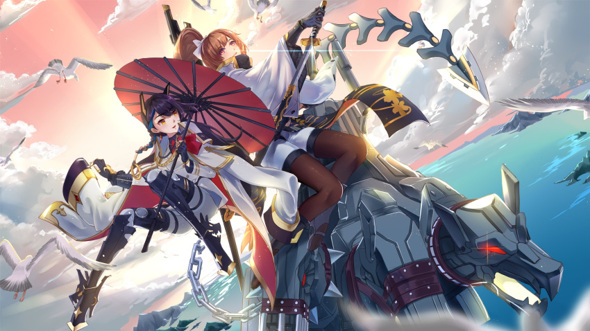 1girl, 2girls, 6+others, aiguillette, animal_collar, armored_boots, aya_kujyou_(final_gear), belt, bernadette_(final_gear), bird_tail, black_belt, black_collar, black_footwear, black_gloves, black_hair, black_shirt, black_sleeve_cuffs, black_straps, blue_hair, boots, braid, braided_ponytail, breasts, brown_hair, buttons, cerberus, cerberus_(final_gear), chinese_commentary, closed_mouth, clouds, cloudy_sky, coat, coat_on_shoulders, collar, collared_shirt, commentary, double-breasted, dutch_angle, earrings, fake_claws, final_gear, floral_print_ribbon, flying, full_body, gloves, glowing, glowing_eyes, hair_behind_ear, hair_ornament, hair_ribbon, hair_tubes, half_updo, high_ponytail, highres, holding, holding_sword, holding_umbrella, holding_weapon, horizontal-striped_sleeves, jewelry, katana, legs_apart, lens_flare, light_particles, lips, long_hair, long_sleeves, looking_at_viewer, looking_to_the_side, mechanical_ears, military_uniform, mountain, multicolored_hair, multiple_girls, multiple_others, necktie, non-humanoid_robot, o-ring, ocean, official_art, oil-paper_umbrella, pantyhose, parasol, pink_sky, red_eyes, red_necktie, red_umbrella, ribbon, robot, robot_animal, robot_dog, shan-n, sheath, shirt, shorts, silver_chain, single_braid, single_earring, sky, sleeve_cuffs, sword, tail, thigh_boots, thigh_strap, turtleneck, two-tone_hair, two-tone_ribbon, umbrella, undershirt, uniform, unsheathing, very_long_hair, water, weapon, white_coat, white_collar, white_ribbon, white_shorts, white_sleeves, white_uniform, white_wings, wide_sleeves, wings, yellow_eyes