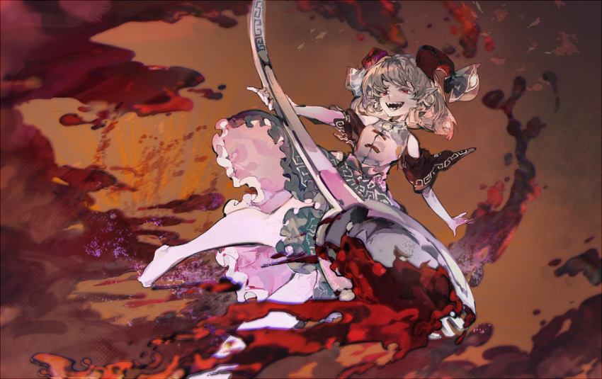 blood, curly_hair, eye_print, full_body, highres, holding, holding_spork, horn_ornament