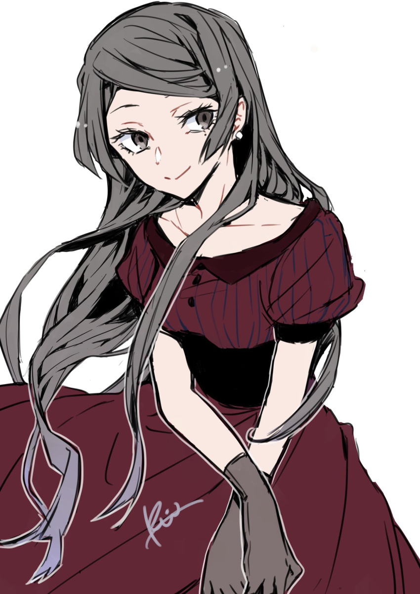 1girl, black_hair, breasts, bungou_stray_dogs, closed_mouth, collarbone, dress, earrings