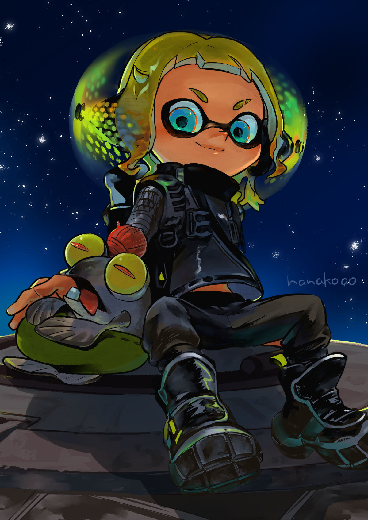 1girl, agent_3_(splatoon_3), artist_name, backpack, bag, black_footwear, black_jacket, black_pants