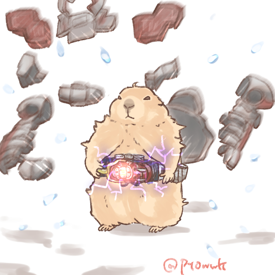 animal_focus, armor, body_fur, brown_fur, commentary, cosplay, electricity, full_body