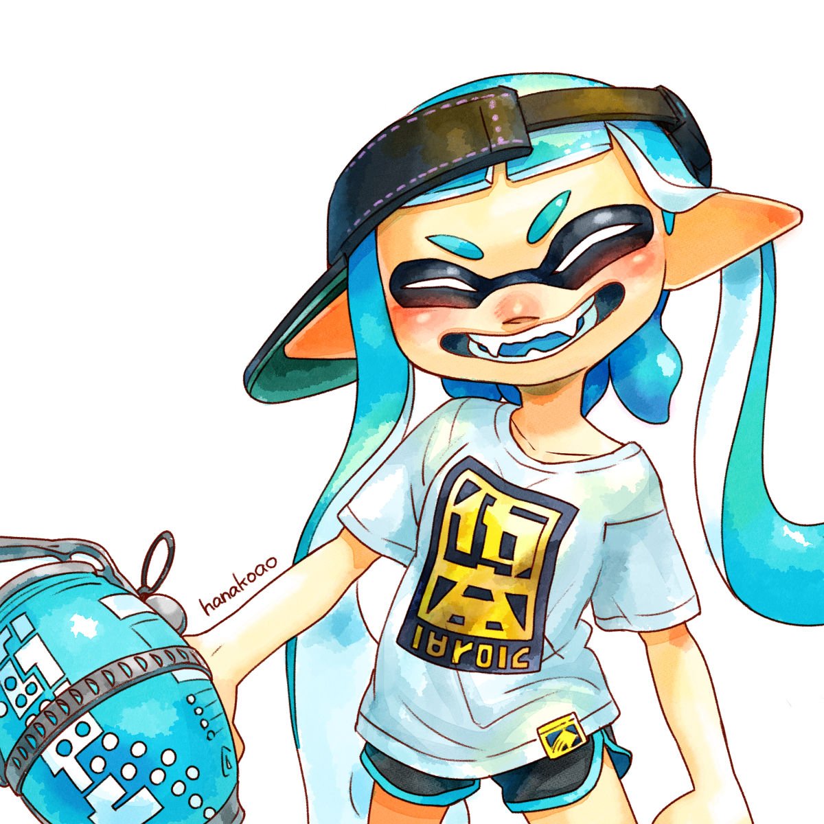 1girl, ^_^, artist_name, black_hat, black_shorts, blue_hair, blue_tongue, blue_trim