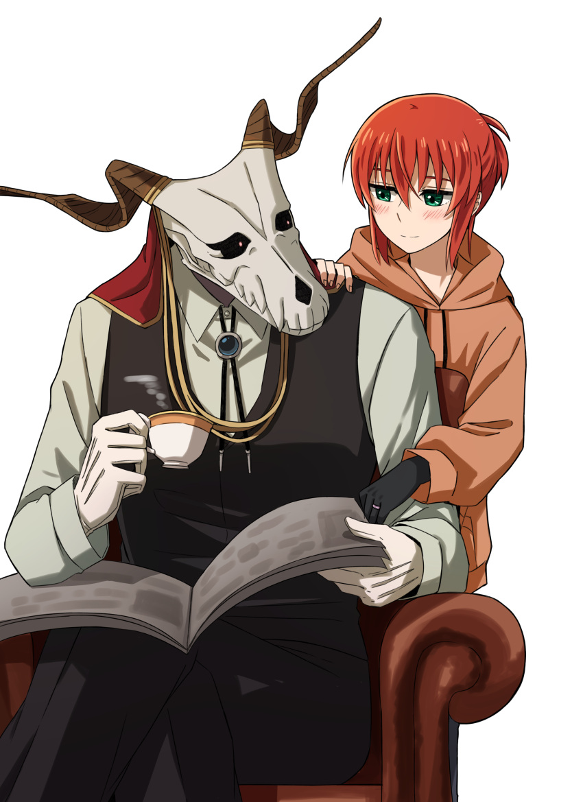 1boy, 1girl, absurdres, animal_head, animal_skull, armchair, black_hands, black_pants
